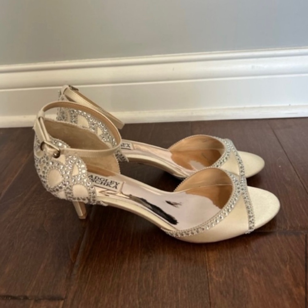 Badgley Mischka Champagne Satin Crystal Ankle-Strap Heels - Picture 5 of 5